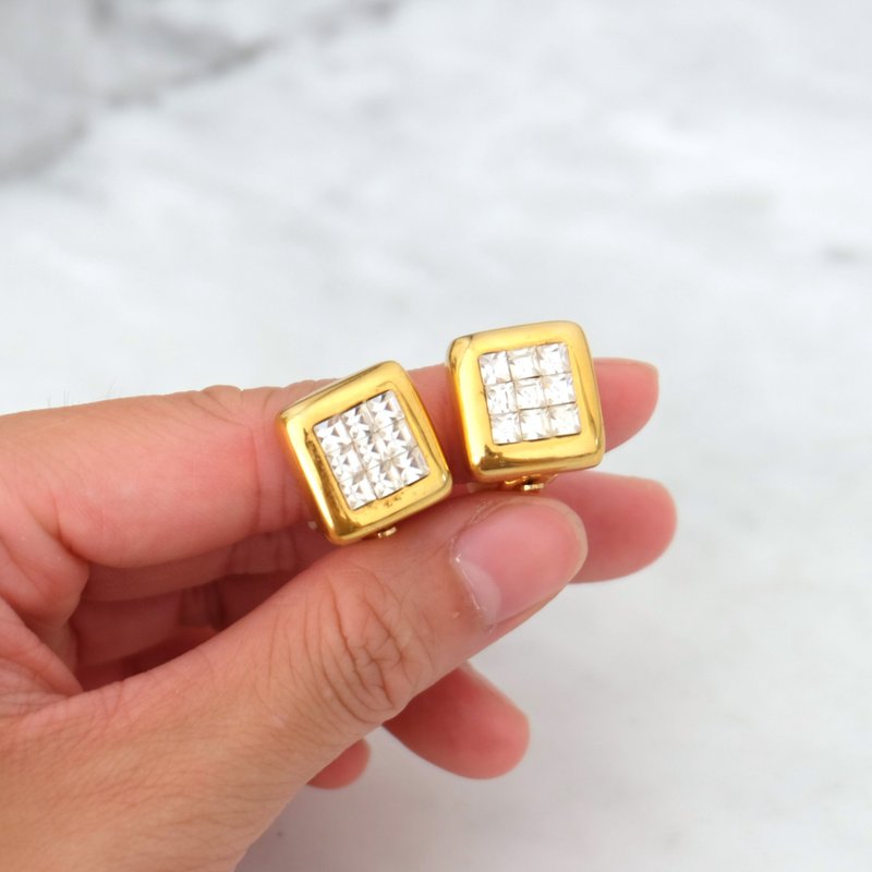 French Vintage Square Rhinestone Metal Clip-on Earrings - Earrings & Clip-ons - Glass Gold