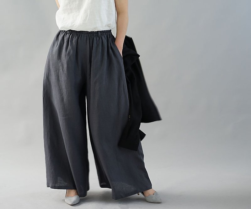 wafu  linen wide pants / gaucho / elastic waist / dark gray b002g-smi1 - Women's Pants - Wool Gray