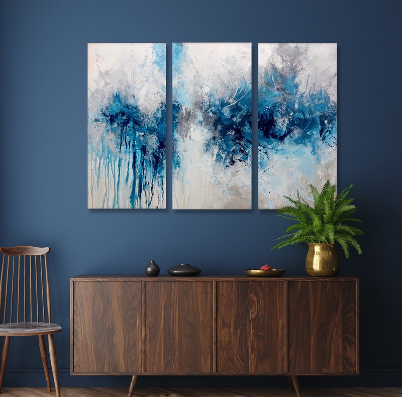 Blue Triptych wall art | Blue Wall Art | Triptych Blue | Evening Rain Triptych - 壁貼/牆壁裝飾 - 棉．麻 藍色