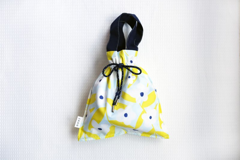 Drawstring bag handbag || Water repellent / white and yellow flower pattern design / limited hand-made - Handbags & Totes - Waterproof Material Yellow