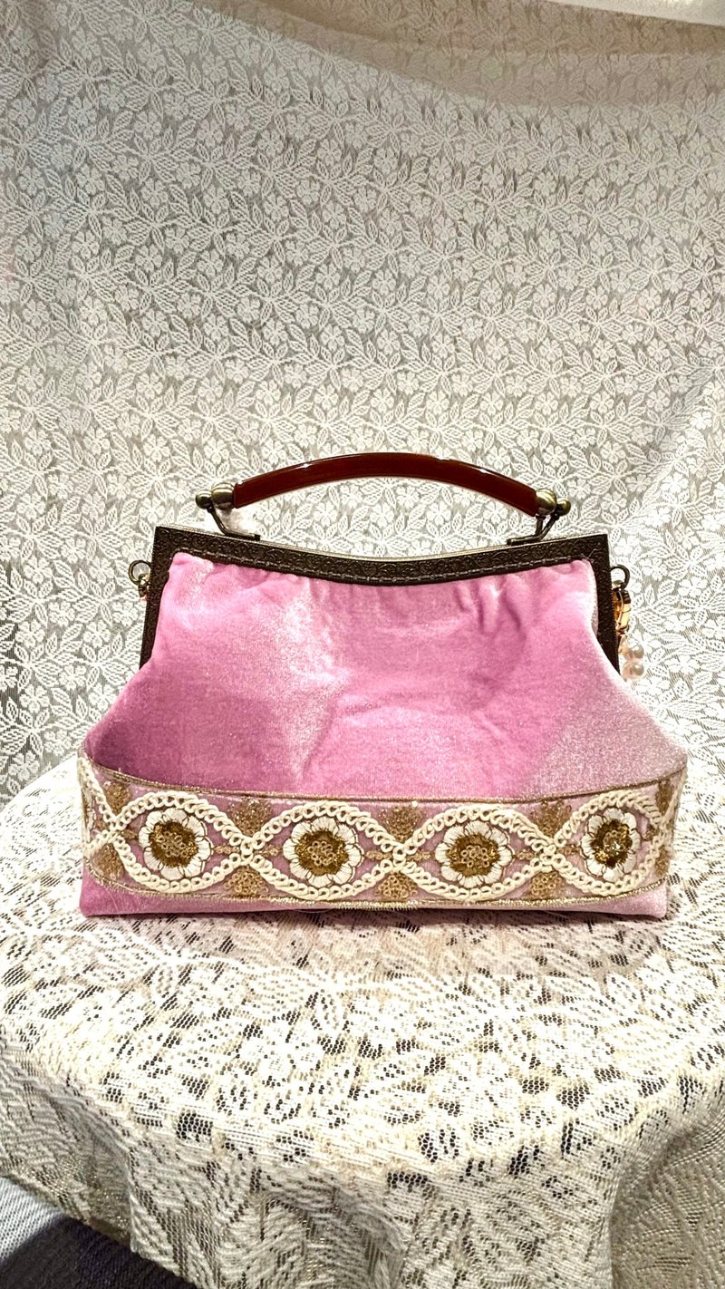 MBC 人手製 20cm 牛角手柄 絲絨雙刺繡帶 粉紫色 - 側背包/斜背包 - 棉．麻 紫色