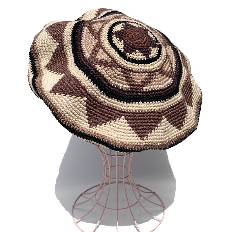 [Croche Tam] Zigzag Border Tam Beret BROWN - Hats & Caps - Cotton & Hemp Brown