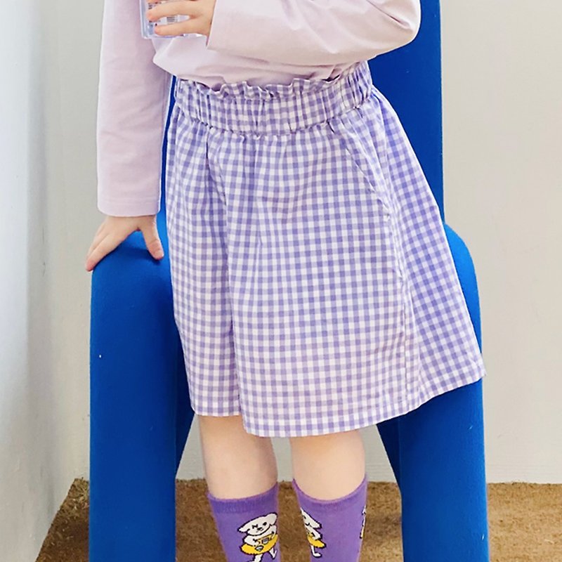 Lavender Purple Check Pants/Short Pocket Kids - กางเกง - ผ้าฝ้าย/ผ้าลินิน สีม่วง
