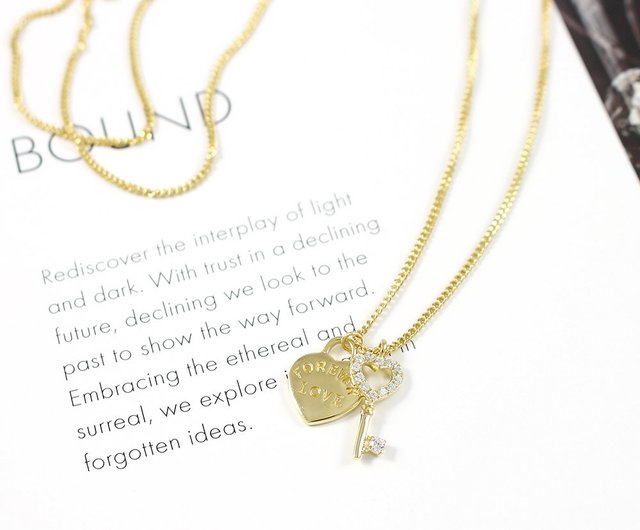 Gold Alloy Lock Heart Necklace Three Piece Clavicle Chain, Size