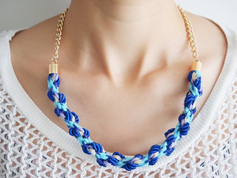 Marine color hand-woven Wax thread leather cord necklace - Necklaces - Genuine Leather Blue