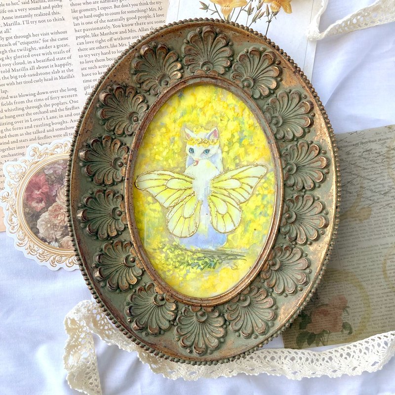 猫の妖精さん　ミモザ　　/繪畫　仿古風格　古董　室内装饰 絵画 花 植物 蝶 原画一点もの - 海報/掛畫/掛布 - 紙 黃色