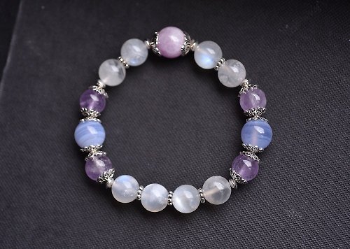 CaWaiiDaisy Handmade Jewelry 月光石+紫鋰輝+藍紋瑪瑙+薰衣草紫水晶純銀手鍊