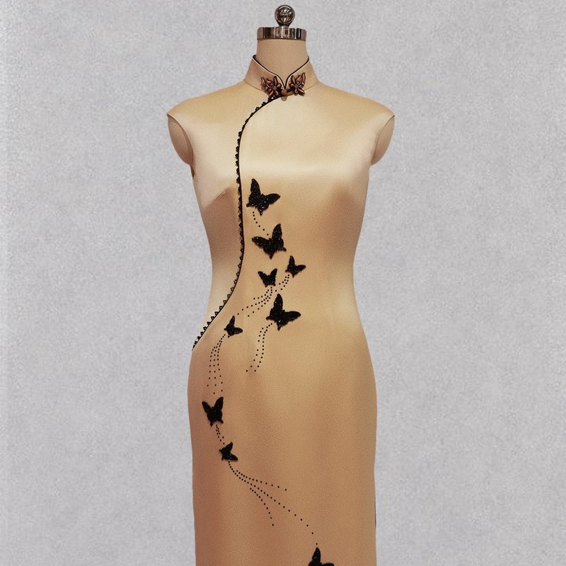 CHAELING Haute couture champagne silk acetate satin Chinese butterfly wedding cheongsam dress - Qipao - Silk 