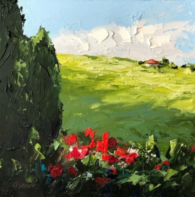 Original Oil Red Flowers Landscape Green Field Painting On Canvas Impasto Art - 壁貼/牆壁裝飾 - 棉．麻 多色