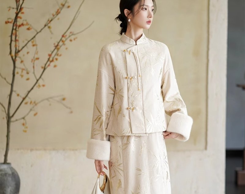 New Chinese style gold jacquard gentle intellectual top/skirt - Women's Tops - Polyester White