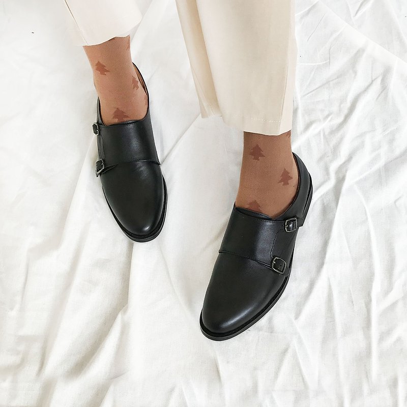 Full leather double buckle monk shoes - black women's leather shoes - Women's Leather Shoes - Genuine Leather Black