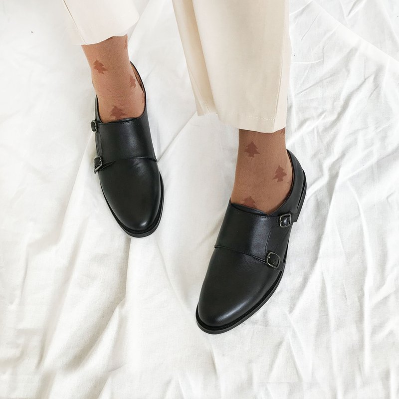 Full leather double buckle monk shoes - black women's leather shoes - รองเท้าหนังผู้หญิง - หนังแท้ สีดำ