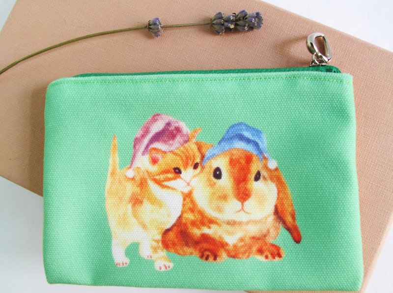 Cat & Rabbit Coin Bag/Green bunny kitty Purse/Yellow Zipper Bag/Dog Zipped Pouch/Small Clutch/Coin Wallet/Card Holder - กระเป๋าเครื่องสำอาง - ผ้าฝ้าย/ผ้าลินิน สีเขียว