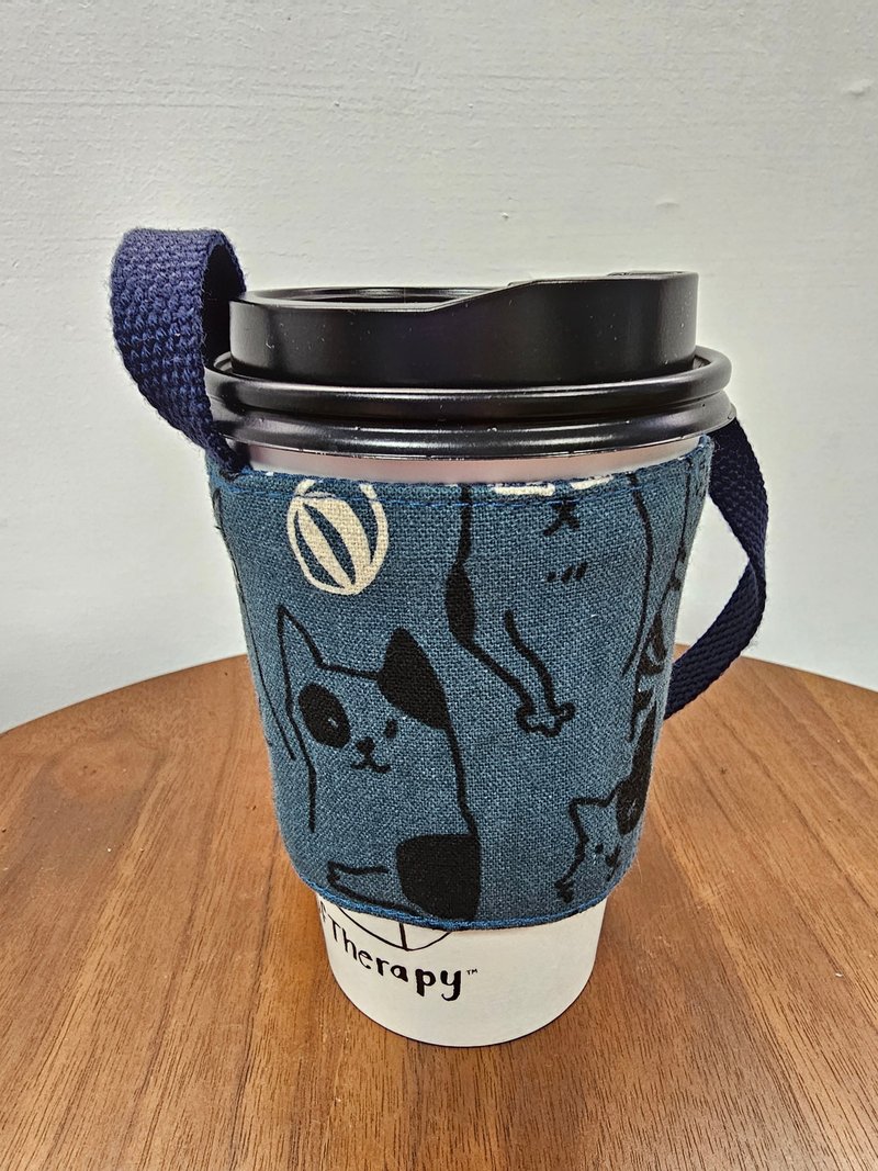 Hand-painted cat double-layer environmentally friendly beverage cup holder/cup bag - ถุงใส่กระติกนำ้ - ผ้าฝ้าย/ผ้าลินิน หลากหลายสี