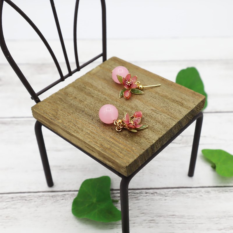peachピアス_pink jade - 耳環/耳夾 - 玉石 粉紅色