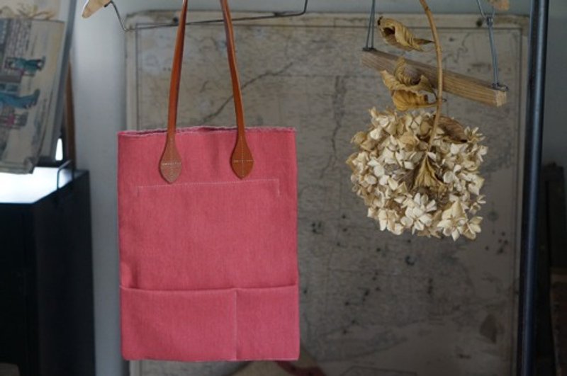 Linen x cotton natural HANPU canvas petanko vertical tote #pink - กระเป๋าถือ - หนังแท้ 