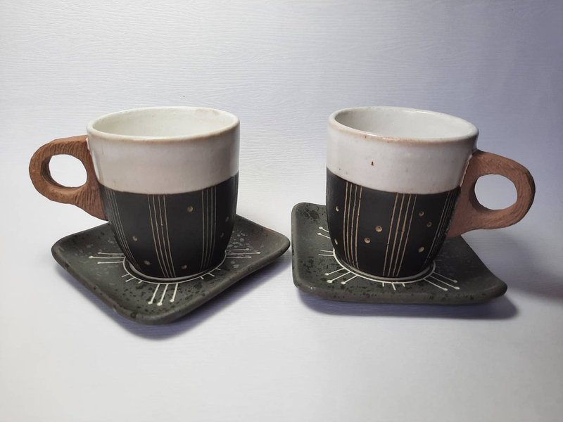 Xiao Kechang Imitation wood energy pottery cup (2 into a group With coaster) - Mugs - Pottery 