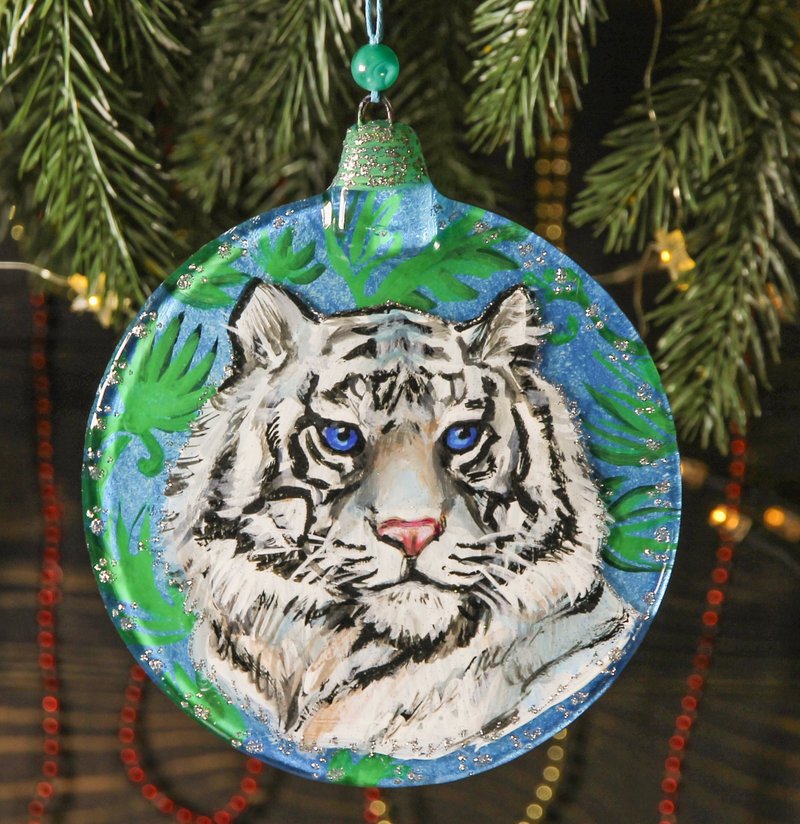 Tiger Glass Hanging Wall Panel Christmas Ornaments Painted Colorful Art Decor - 壁貼/牆壁裝飾 - 玻璃 白色