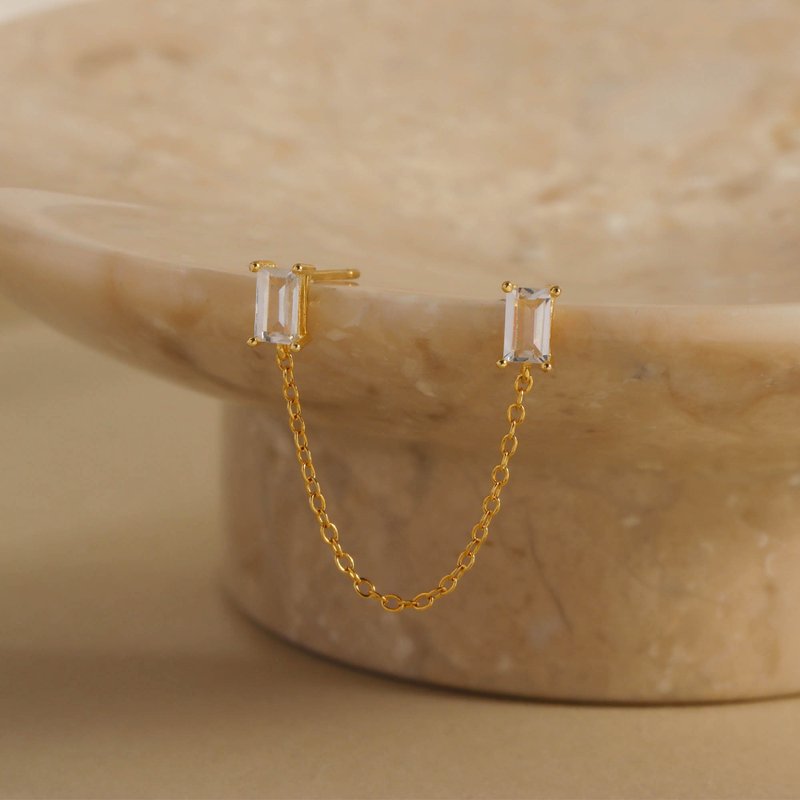 s925銀鍍金鋯石微鑲雙耳洞耳骨釘 歐美風長款鏈條女生耳釘推薦 - 耳環/耳夾/耳骨夾 - 銀 金色