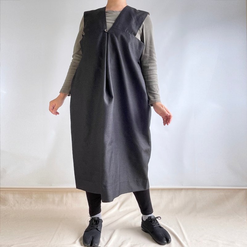 【1点もの】ジャンパースカート -シルクウール 着物地 紺に細か柄 & 新毛斯 茶色 - 洋裝/連身裙 - 羊毛 藍色