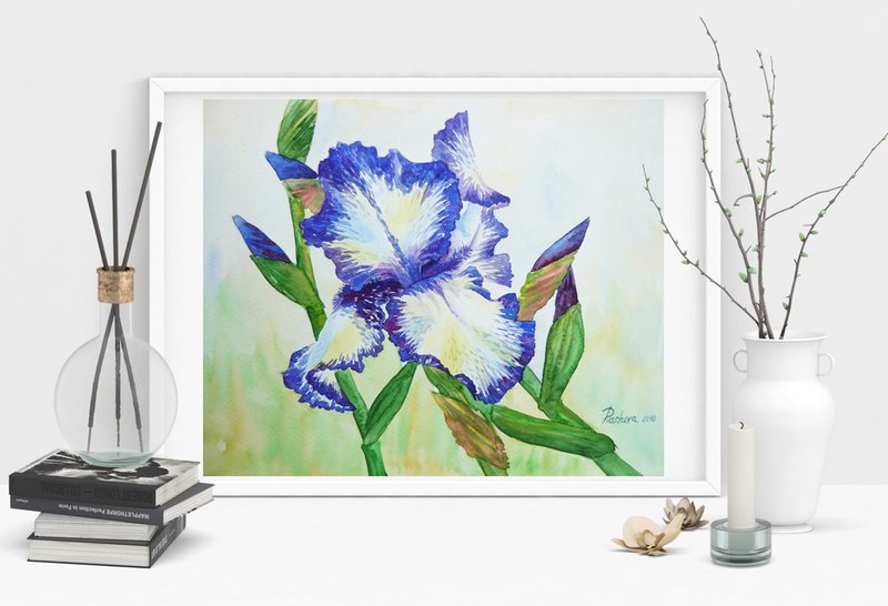 Poster White Blue Iris in the Garden, Watercolor Flowers for Gift - โปสเตอร์ - กระดาษ สีน้ำเงิน