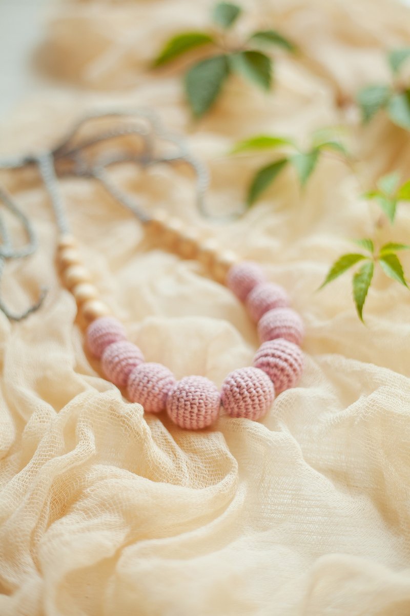 Pale Pink Crochet Teething Necklace - Modern Jewelry for Breastfeeding Mom - Necklaces - Wood Pink