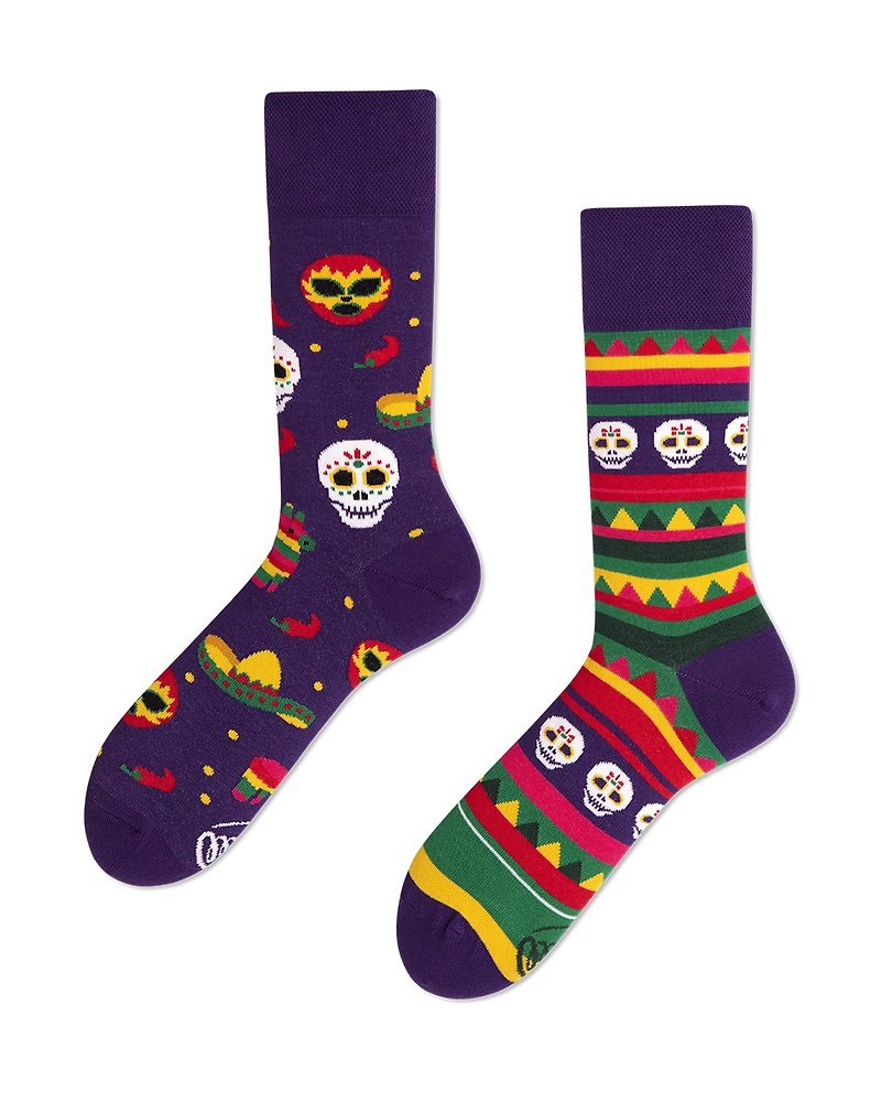 Many Mornings Asymmetric Socks-Mexican Carnival - ถุงเท้า - ผ้าฝ้าย/ผ้าลินิน สีม่วง