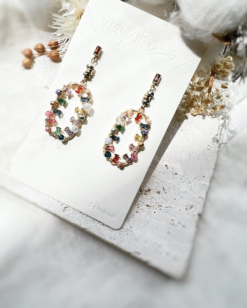 Colorful Stone sparkling earrings - ต่างหู - โลหะ สีทอง