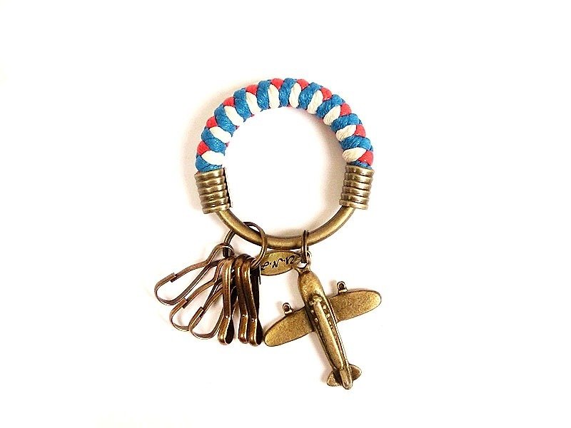 [Na UNA- excellent hand-made] key ring (small) 5.3CM bright blue + red + white + aircraft hand-woven wax rope hoop customization - ที่ห้อยกุญแจ - โลหะ สีน้ำเงิน