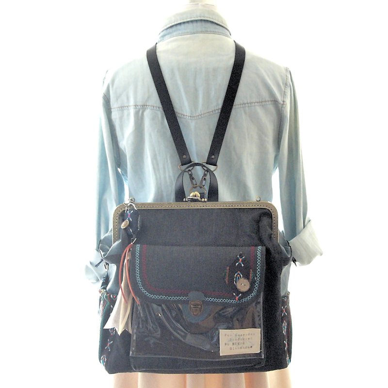 3 WAY back pocket & left zipper attaching BIG backpack full set Denim x Blue lea - 背囊/背包 - 人造皮革 藍色