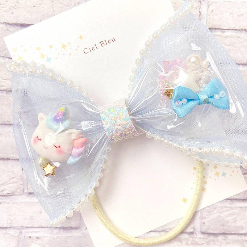 Clear tulle ribbon, unicorn, sleeping, light blue, pearl edge organza, hair tie - เครื่องประดับผม - วัสดุอื่นๆ สีน้ำเงิน