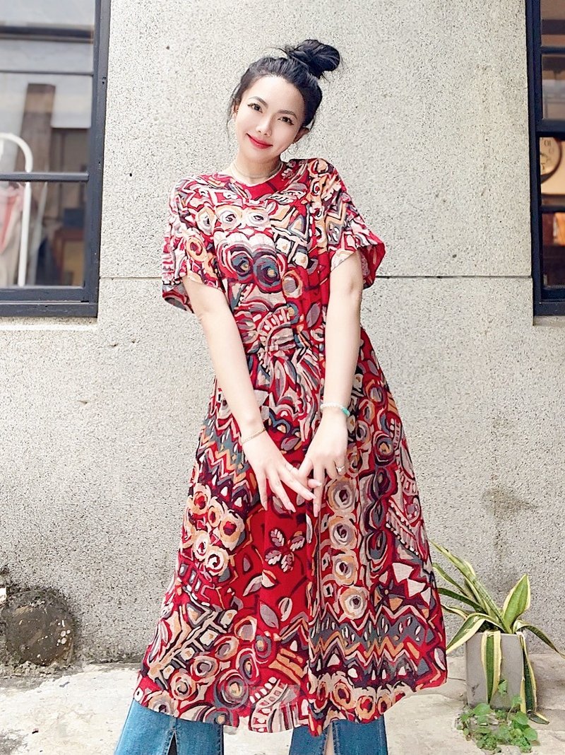 正紅青春露早晨花浪漫花園 長裙洋裝連身裙古著ドレスDress - 洋裝/連身裙 - 聚酯纖維 多色