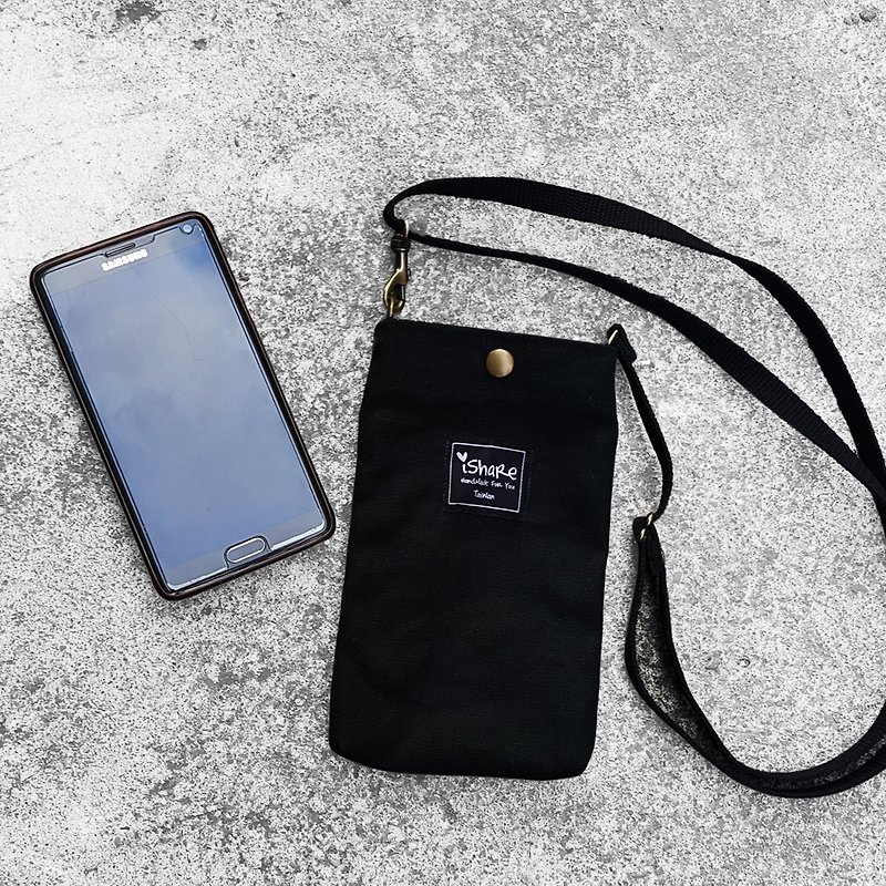 非常にシンプルなキャンバスの電話袋 - 黒（バック/ネック吊り/小袋） - クラッチバッグ - コットン・麻 ブラック