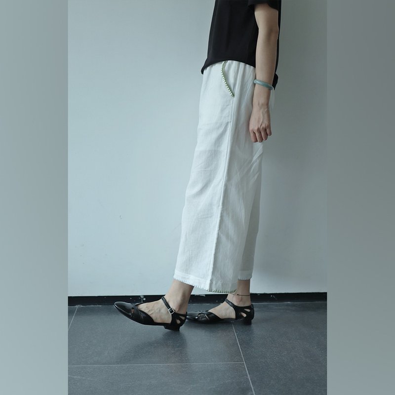 好了 白色亞麻刺繡 松緊腰直筒九分休閒褲 簡約休閒褲 - 女長褲 - 棉．麻 白色