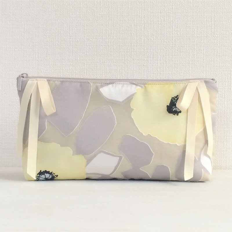 Floral Opal Side Ribbon Plump Horizontal Machi with Pouch Gray × Yellow - Toiletry Bags & Pouches - Polyester Yellow