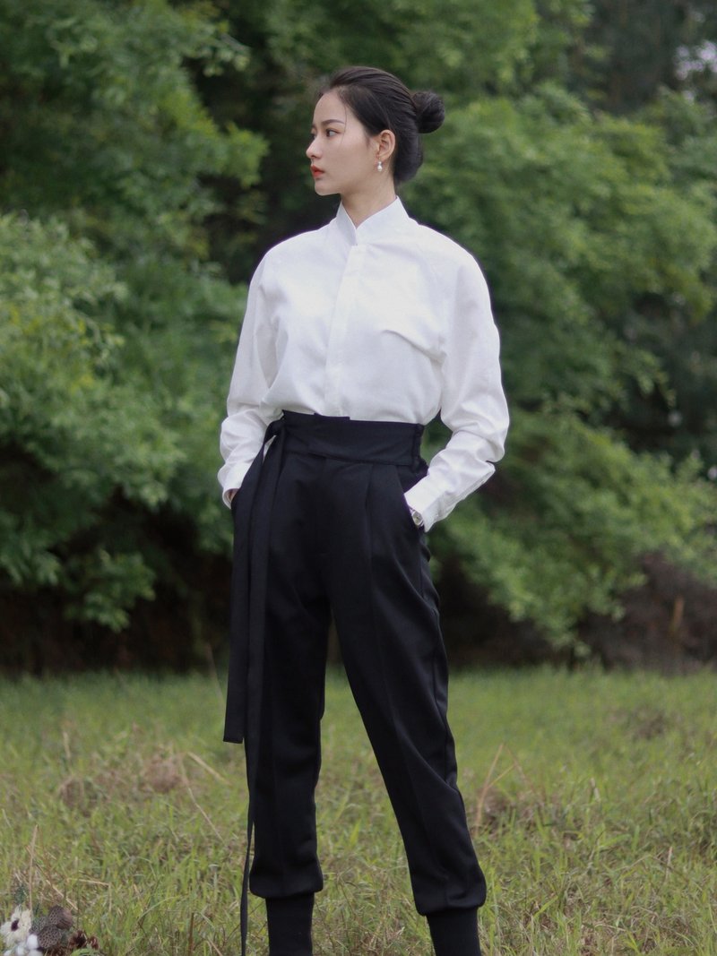 中式立領連肩襯衣 四季襯衫 新中式 男女共穿 - 女襯衫 - 棉．麻 白色