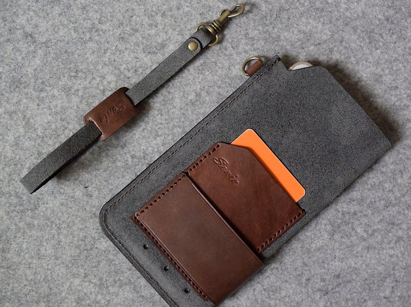 YOURS Pin Leather Phone Case + Card Pouch + Wrist Strap - เคส/ซองมือถือ - หนังแท้ 