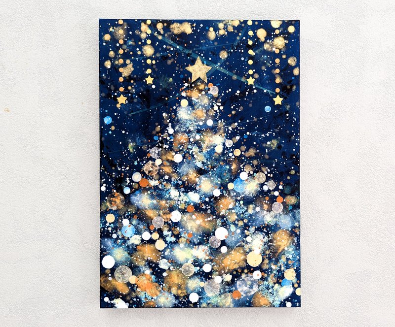 Christmas Tree Snow and Stars Night P5 - โปสเตอร์ - ไม้ สีน้ำเงิน