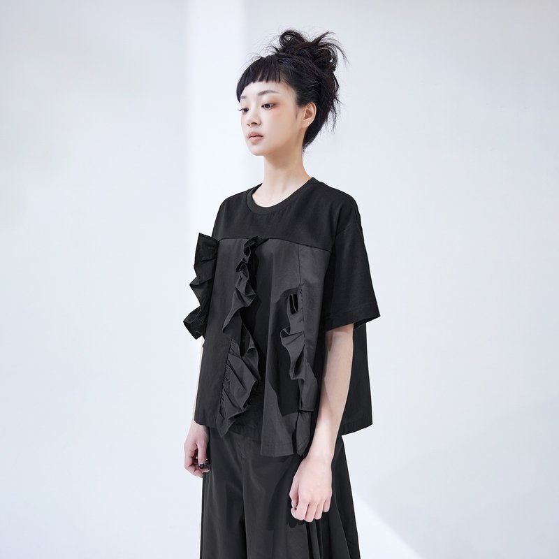 荷葉拼接短袖T恤 - 女 T 恤 - 棉．麻 黑色