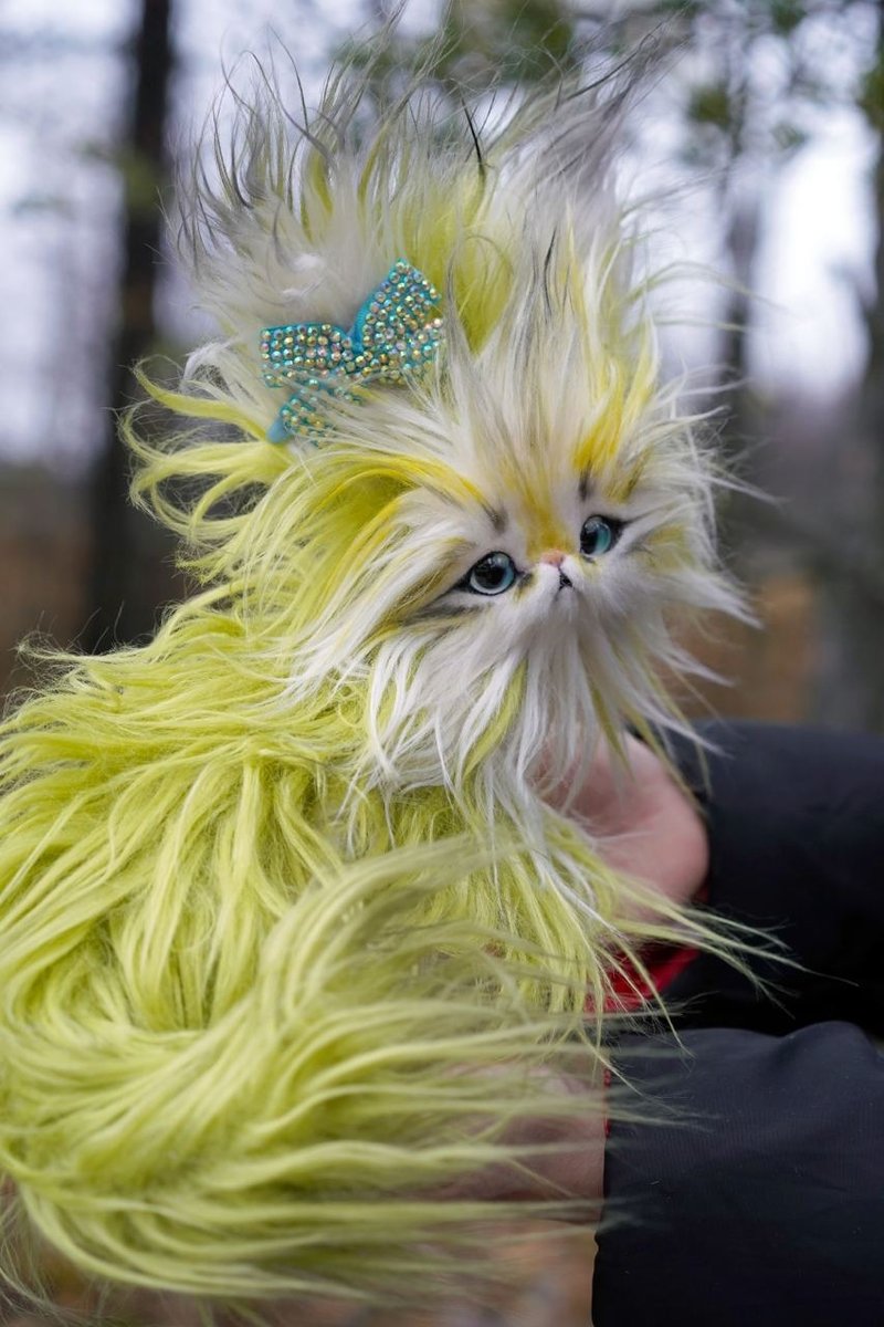 Pear mermaid fairy kitten cat fantasy doll faux fur 原生藺草束 accessories Hand made - 玩偶/公仔 - 其他材質 綠色