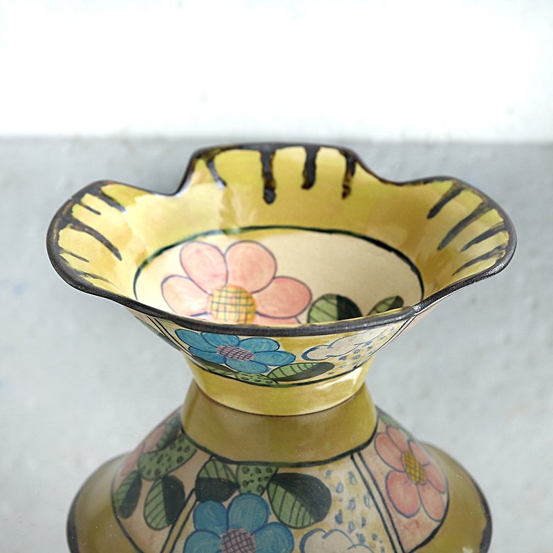 花絵の変形ボウル - 碗 - 陶 黃色