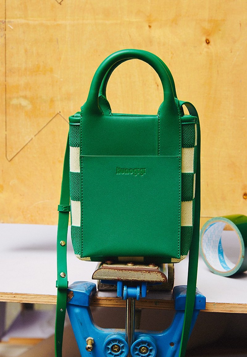 墨綠色格紋 小號牛皮針織拼接手機包 小眾設計斜挎手拎包 KUNOGIG - 側背包/斜孭袋 - 其他人造纖維 綠色