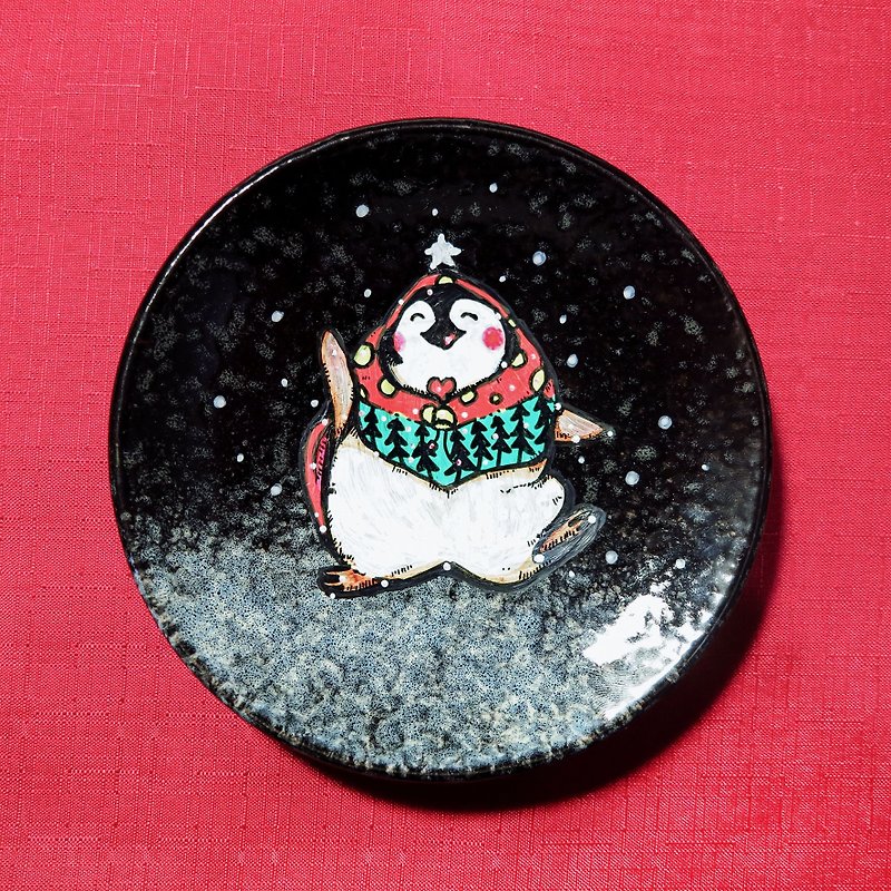 ヒーリング手描きのセラミックの皿 - クリスマスペンギン（14センチメートル） - 花瓶・植木鉢 - 陶器 レッド