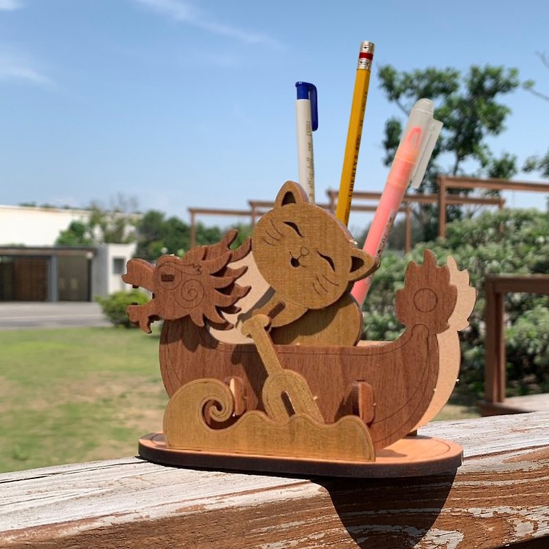 Dragon Boat Festival [Cat Dragon Boat Pen Holder] Decoration Handmade DIY Assembled Wooden Storage Cute - Wood, Bamboo & Paper - Wood Orange