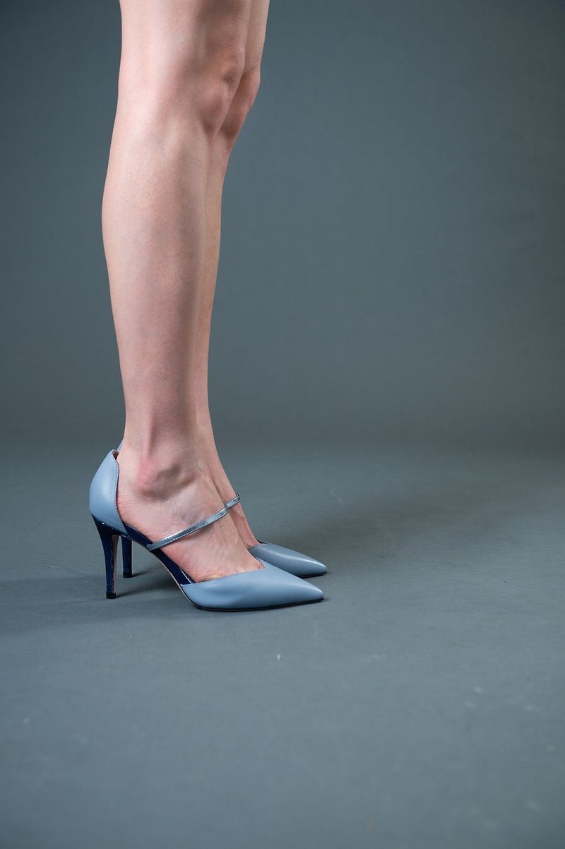 Instep straps stitching high heels blue - รองเท้าส้นสูง - หนังแท้ สีน้ำเงิน