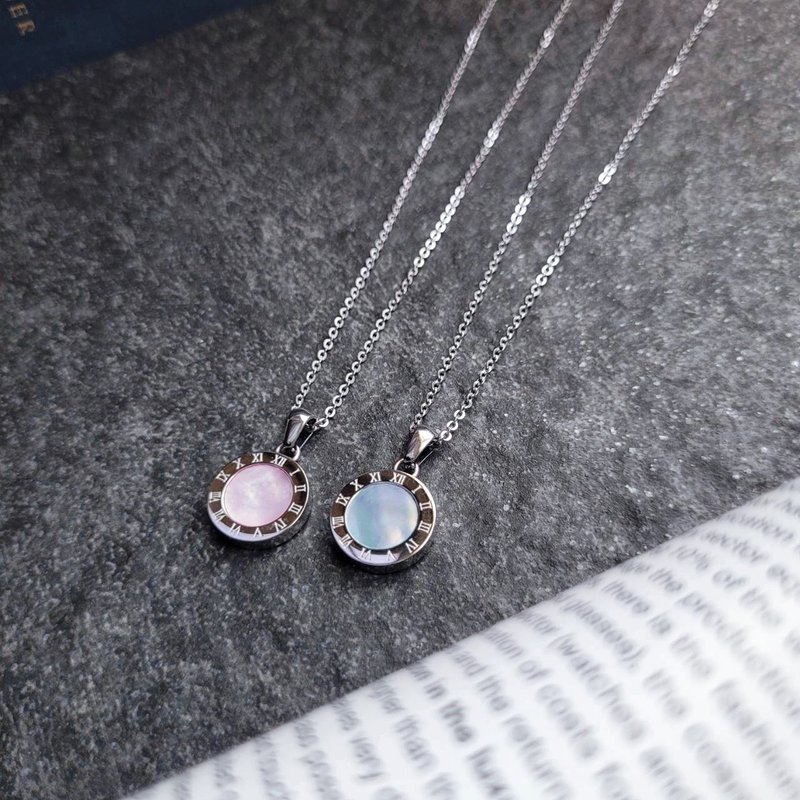 Cherished Moments. Roman Numeral White Steel Pendant Necklace - Water-Resistant, Colorfast, Hypoallergenic - Necklaces - Stainless Steel Pink