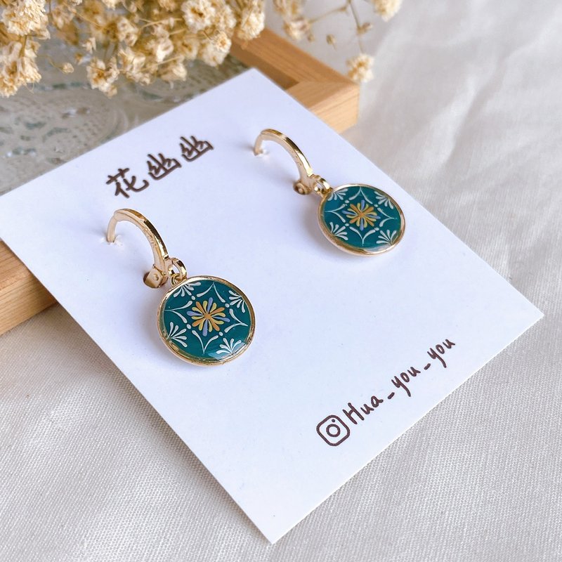 手繪花磚耳環 復古 耳圈款式 s925耳針 手工飾品 - 耳環/耳夾/耳骨夾 - 樹脂 綠色