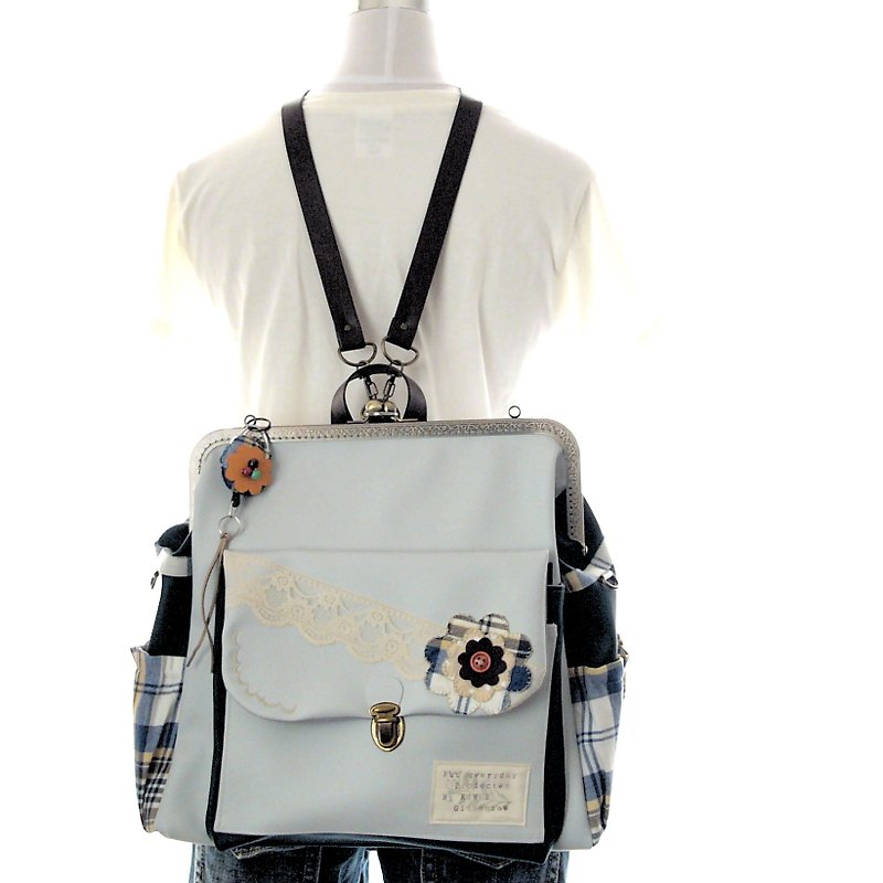 3 WAY left zipper attaching BIG rucksack full set check flower ice blue × viridi - Backpacks - Genuine Leather Blue