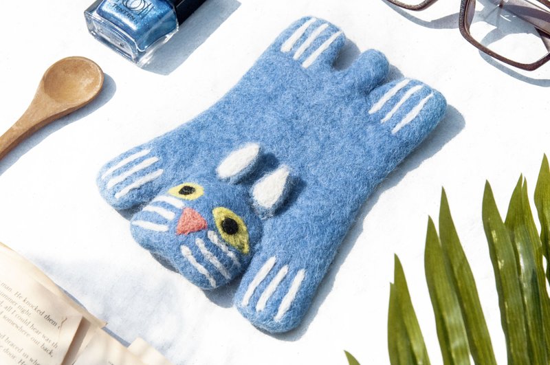 聖誕交換禮物 羊毛氈杯墊 萌動物吸水杯墊-動物園藍色貓咪 毛孩子 - 杯墊 - 羊毛 藍色