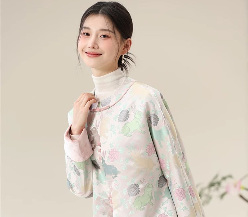 New Chinese style round collar cuffs contrast color jacquard top - Women's Tops - Other Materials Multicolor